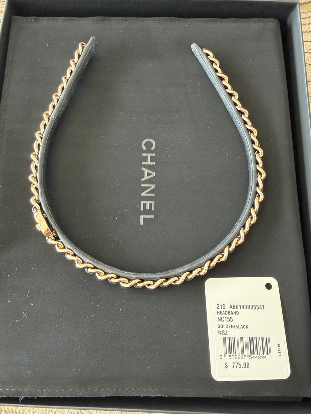 CHANEL Black Leather Headband with Gold Chain Trim
